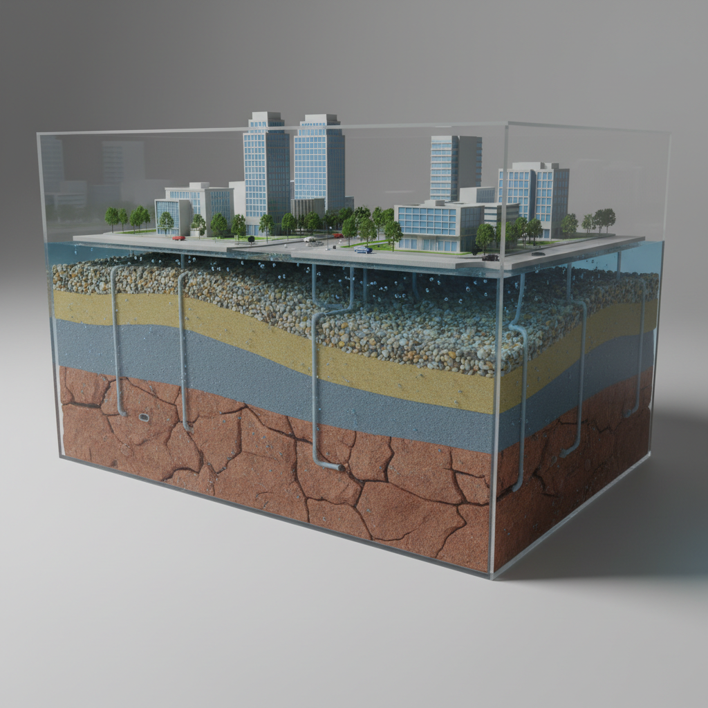 A sophisticated cross-sectional visualization of an urban hydrogeologic system rendered as a highly realistic physical display. In the foreground, a transparent acrylic tank shows layered subsurface materials: coarse gravel, fine sand, silty clay, and a fractured bedrock layer, each with distinct textures and natural colors. Blue-tinted water occupies the permeable zones, clearly showing an inclined water table and separate confined aquifer, with tiny bubbles and subtle turbidity for realism. Above, a stylized cityscape model with detailed buildings, streets, and stormwater drains rests on the surface. Directional studio lighting from above and the right creates crisp highlights and soft shadows, emphasizing depth and thickness variations. The mood is educational, precise, and forward-thinking. Shot at eye level with sharp focus throughout and a clean, neutral background, the composition feels like a professional hydrogeology demonstration piece for explaining urban groundwater resilience.