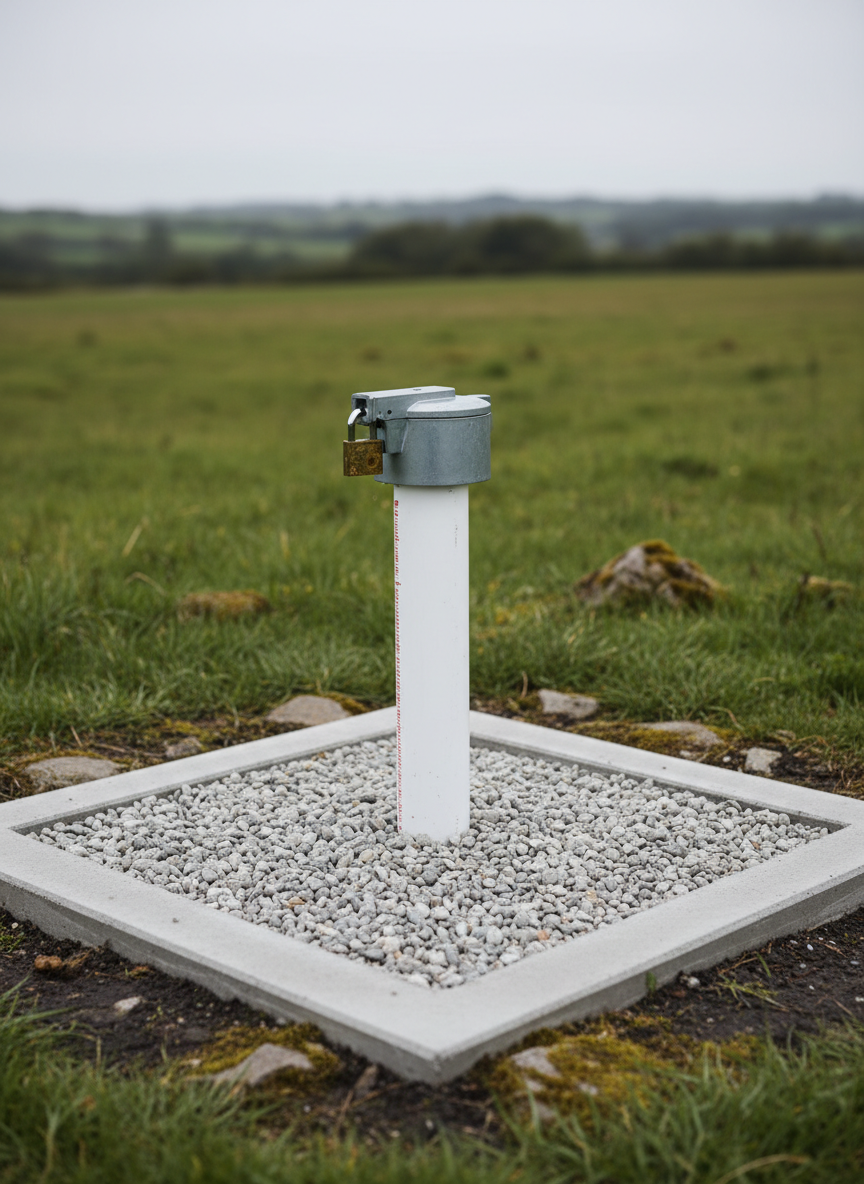A close-up, highly detailed photographic view of a groundwater monitoring well installation in a natural field setting. A pristine, white PVC well casing with a secure, lockable metallic cap emerges from a compacted gravel pad bordered by short native grasses and small, weathered stones. The well is surrounded by a low, square concrete apron with smooth edges, indicating a recent, professional installation. Soft overcast lighting from an evenly clouded sky creates gentle, shadow-free illumination that highlights textures of the materials and moist soil near the base. The mood is orderly and technical yet environmentally respectful. Captured at eye level with a moderate depth of field, the wellhead is in sharp focus while the background transitions into softly blurred rolling terrain and distant tree line. Photographic realism with a clean, understated scientific aesthetic.