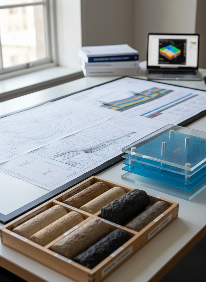 A meticulously organized hydrogeology project workspace featuring a large, matte-white drafting table covered with detailed, full-color groundwater contour maps, cross-sectional profiles, and a translucent blue-tinted 3D aquifer model made of clear acrylic layers. Nearby, rugged rock core samples are neatly arranged in labeled trays, showing varying porosities and colors from pale sandstone to dark basalt. Soft, diffused daylight from a nearby window illuminates the scene, creating gentle reflections on the acrylic model and subtle shadows under the core trays. The atmosphere is calm, precise, and highly professional. Photographed from a slightly elevated angle with shallow depth of field, the foreground model is in crisp focus while stacks of technical reports and a laptop with hydrogeologic modeling software appear softly blurred in the background. Clean, modern photographic realism conveys expertise and reliability.