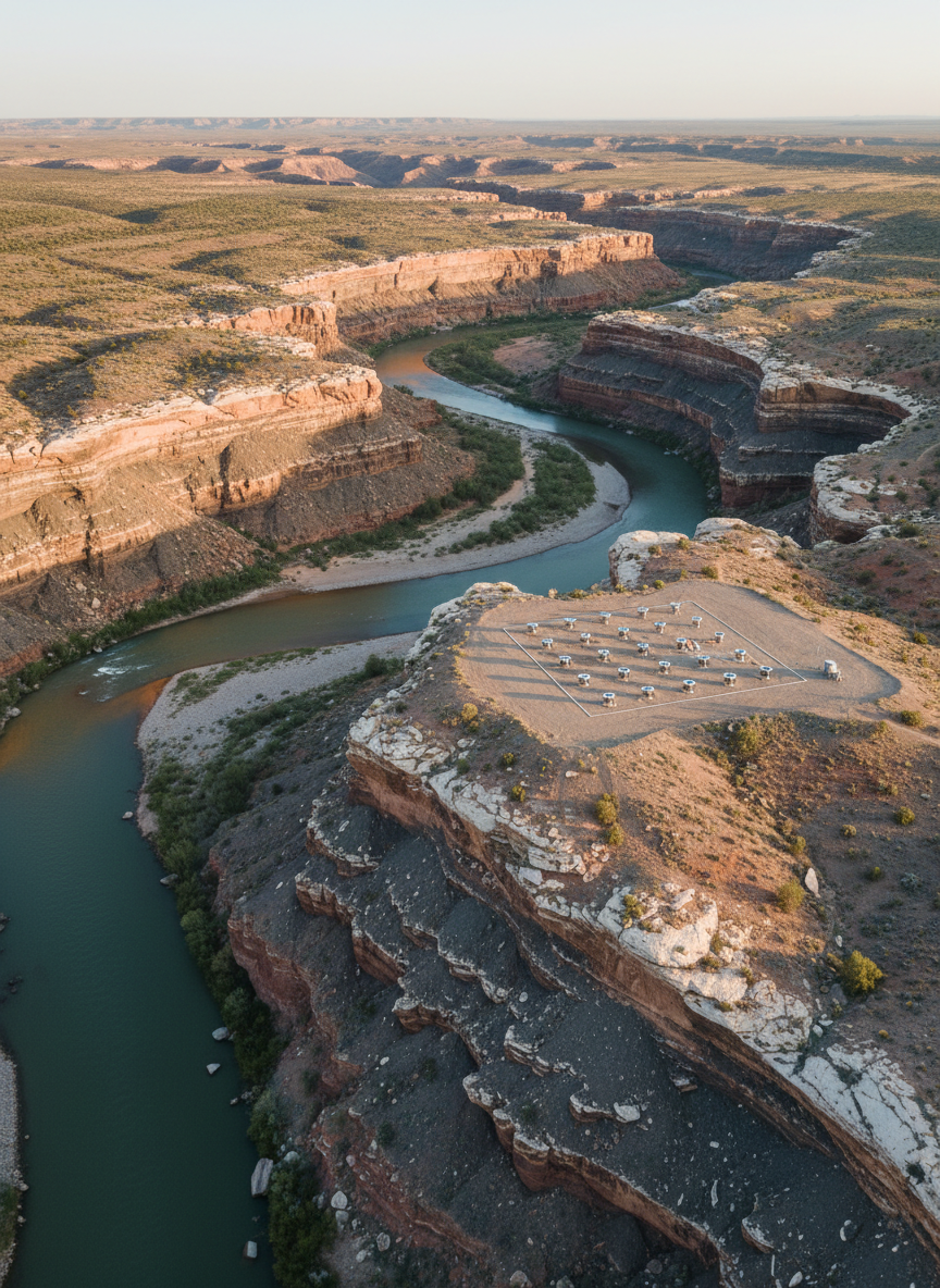 A high-resolution aerial photographic view of a semi-arid landscape with a winding river cutting through layered sedimentary rock, exposing bands of sandstone, shale, and fractured limestone. Detailed textures of weathered rock, gravel bars, and sparse vegetation are clearly visible. In the midground, several clean, modern monitoring wells with stainless steel casings and numbered caps are arranged in a precise grid. Soft late-afternoon sunlight from the left creates crisp shadows that emphasize topography and fracture patterns. The mood is analytical yet hopeful, suggesting scientific understanding of groundwater systems. Captured with a slightly oblique bird’s-eye perspective and sharp focus throughout, the composition uses the river as a leading line. Photographic realism with a clean, professional, environmental-science aesthetic suitable for a hydrogeology consultancy homepage.